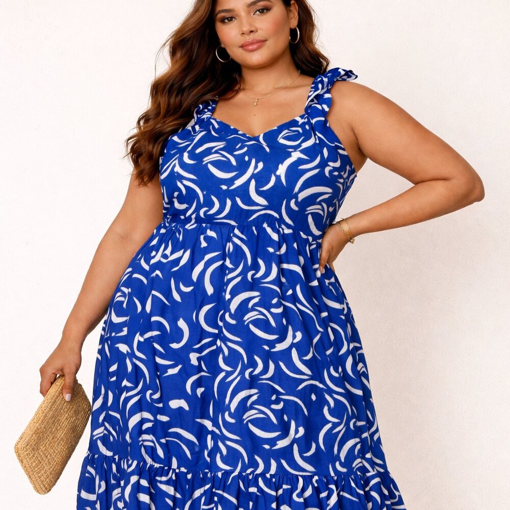 GILLI Blue & White Abstract Print Ruffle Strap Tiered Midi Dress | Lined | Boho